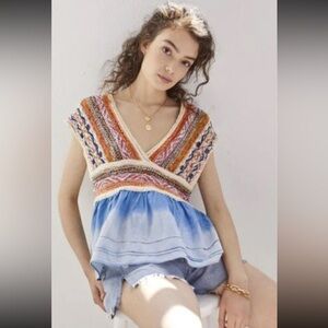 Anthropologie‎ Embroidered Knit Babydoll Top XS